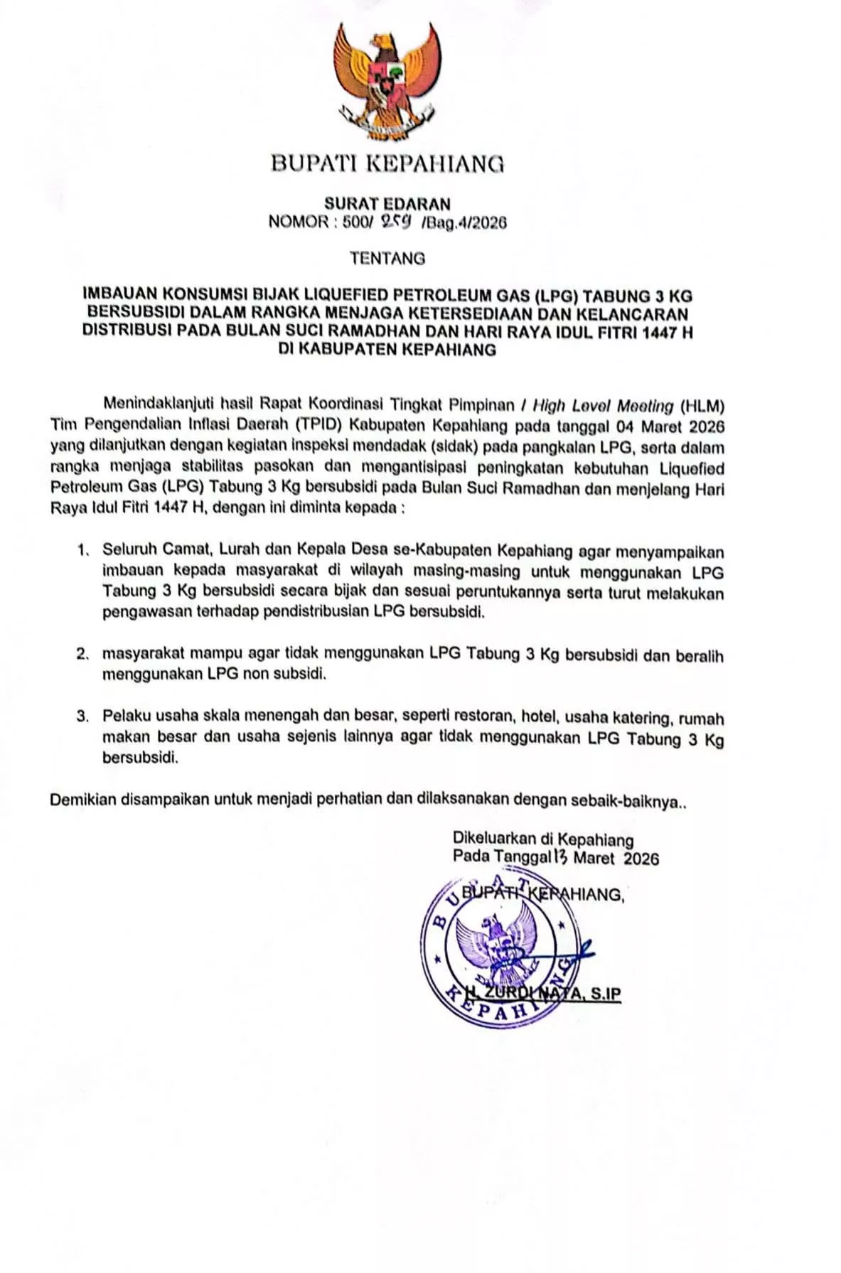 Bupati Kepahiang Keluarkan Edaran Penggunaan Bijak LPG 3 Kg Selama Ramadan dan Idulfitri