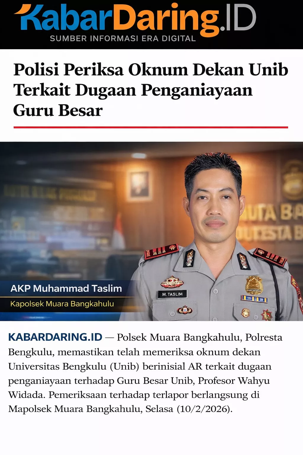 Polisi Periksa Oknum Dekan Unib Terkait Dugaan Penganiayaan Guru Besar