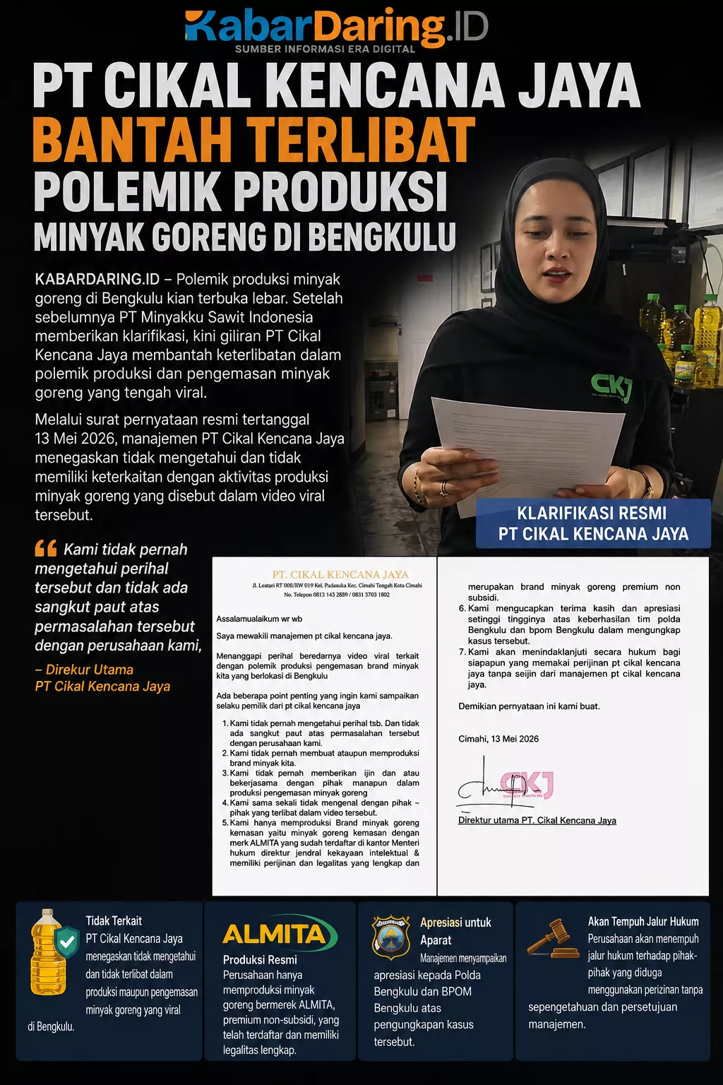 PT Cikal Kencana Jaya Bantah Terlibat Polemik Produksi Minyak Goreng di Bengkulu