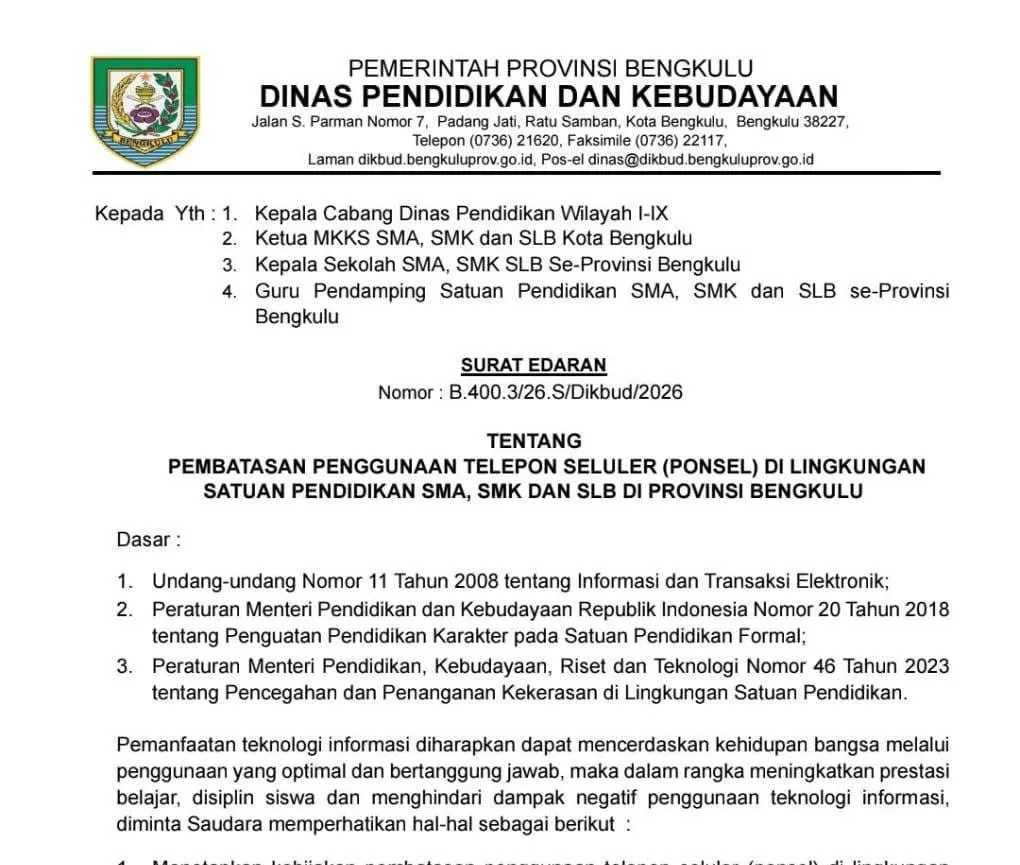 Disdikbud Bengkulu Batasi Penggunaan Ponsel di SMA, SMK, dan SLB