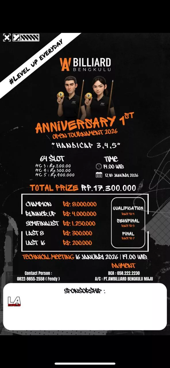 Total Hadiah Rp 17,3 Juta! AW Billiard Gelar Turnamen di Kota Bengkulu