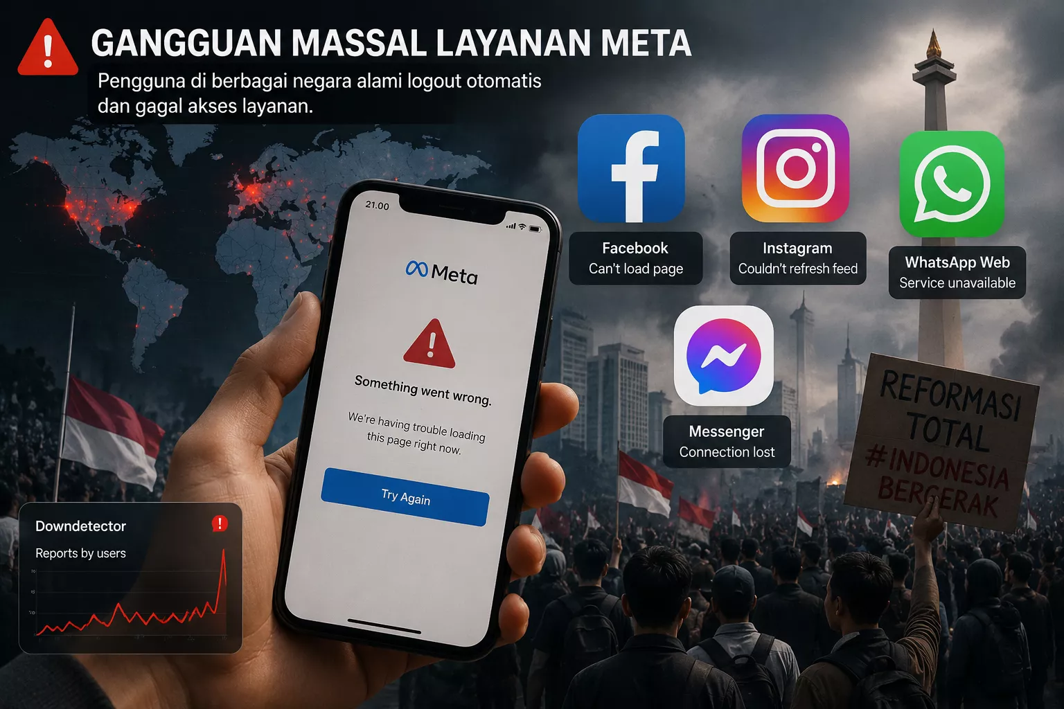 Meta Tumbang di Tengah Demo Mahasiswa Jakarta! Facebook, Instagram hingga Messenger Error Massal, Jutaan Pengguna Panik Tiba-Tiba Logout