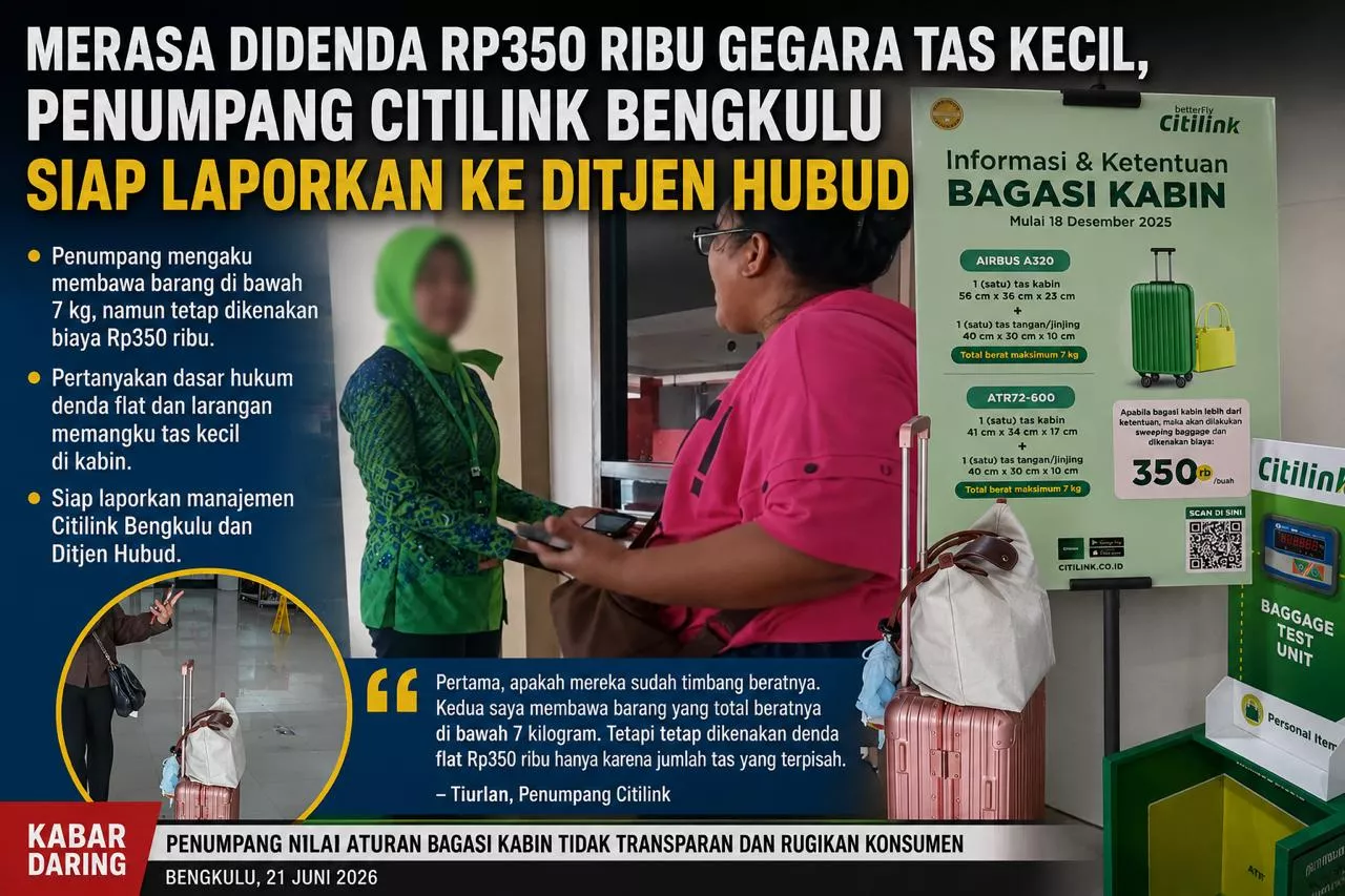 Merasa Didenda Rp350 Ribu Gegara Tas Kecil, Penumpang Citilink Bengkulu Siap Laporkan ke Ditjen Hubud