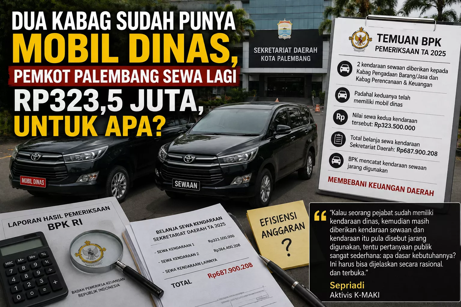 Dua Kabag Punya Mobil Dinas, Masih Disewa Rp323,5 Juta, Untuk Apa?