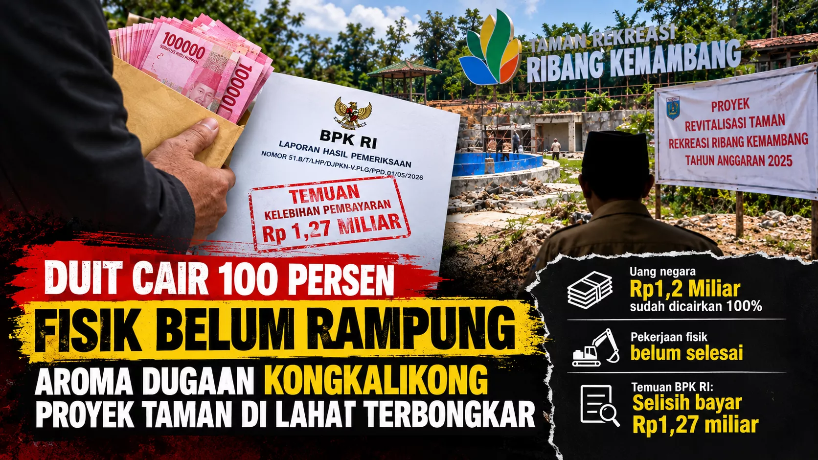 Duit Cair 100 Persen Fisik Belum Rampung, Aroma Dugaan Kongkalikong Proyek Taman di Lahat Terbongkar