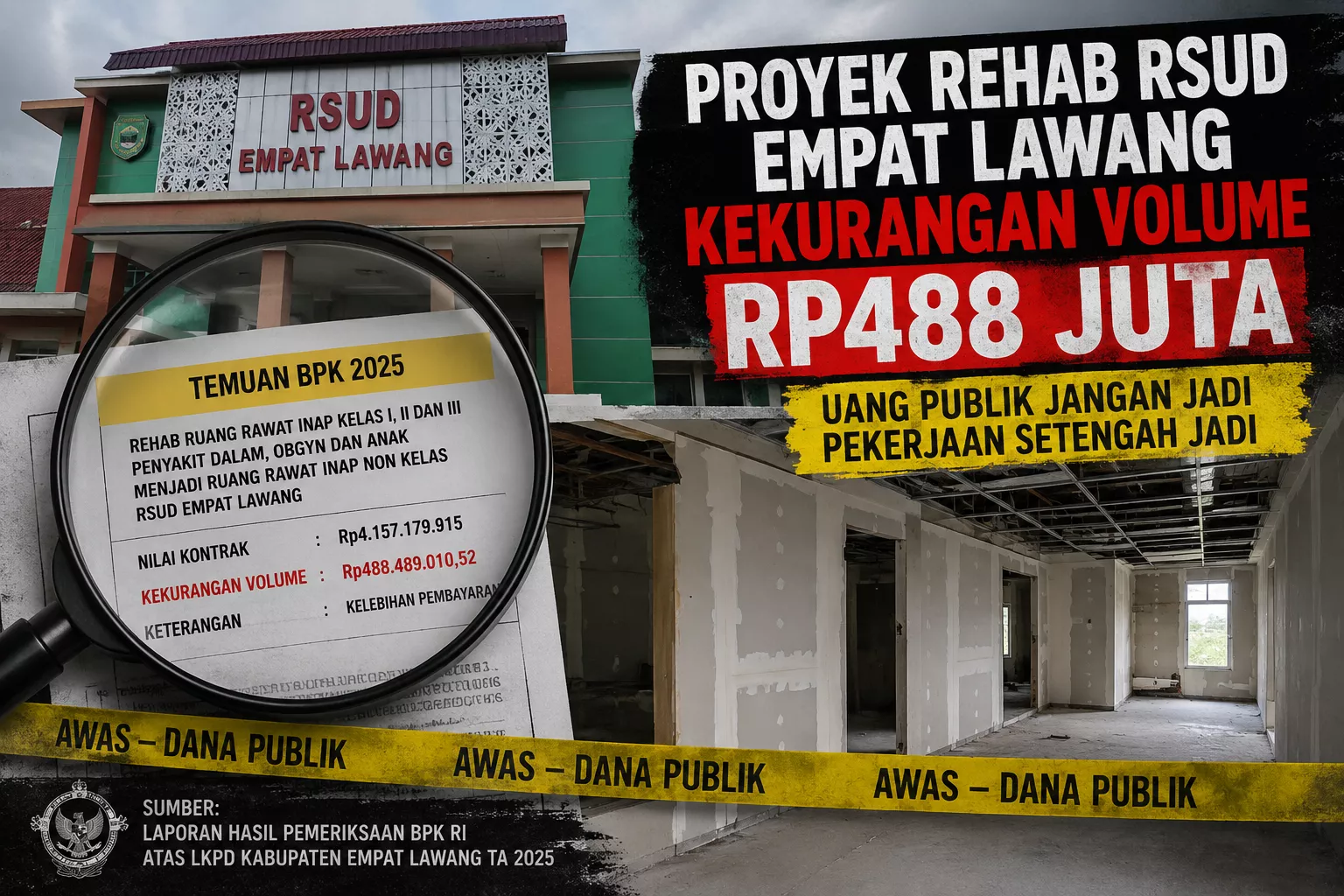 Proyek Rehab RSUD Empat Lawang Bermasalah, Kekurangan Volume Capai Rp488 Juta