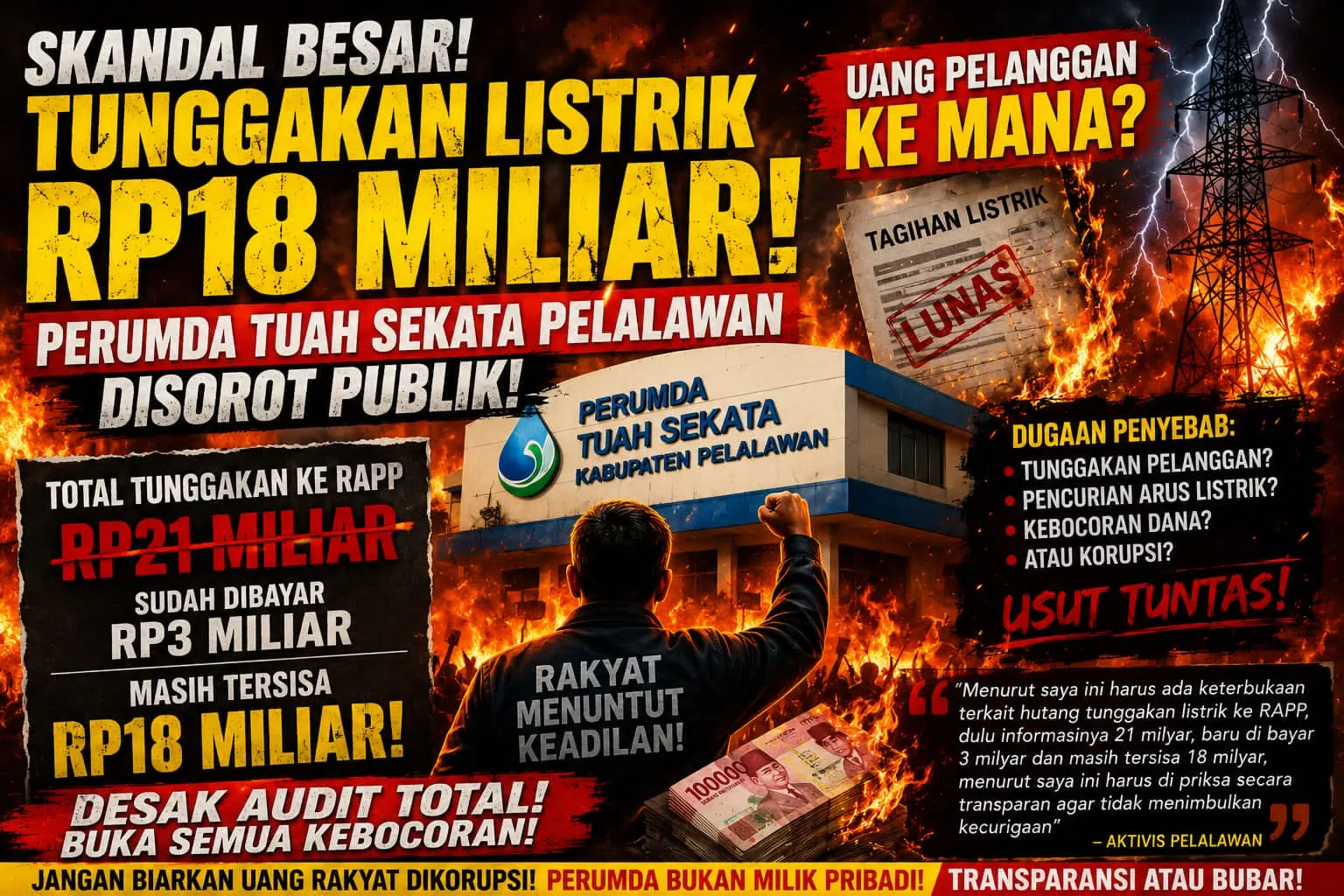 Tunggakan Listrik Rp18 Miliar Perumda Tuah Sekata Disorot, Aktivis Pertanyakan Aliran Dana Pelanggan