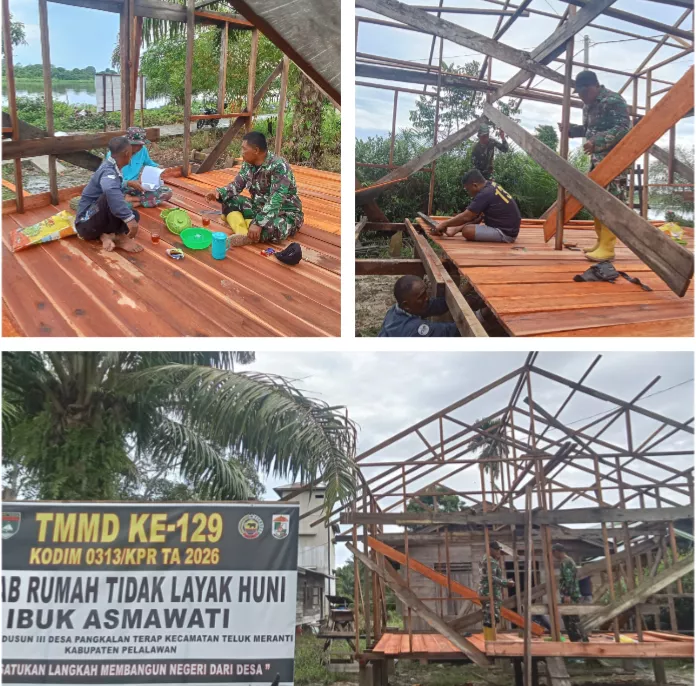 MASUKI HARI KEEMPAT, PEMBANGUNAN RUMAH IBU ASMAWATI DI TMMD KE-129 KODIM 0313/KPR TEMBUS 25 PERSEN