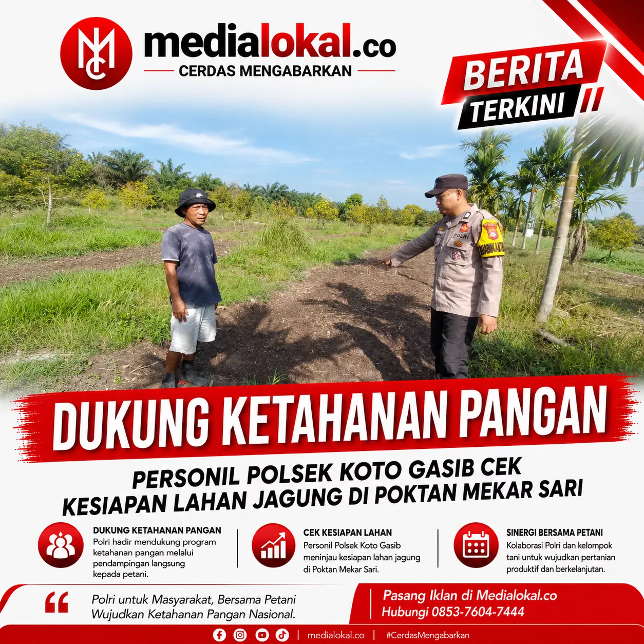 Dukung Ketahanan Pangan Personil Polsek Koto Gasib Cek Kesiapan  Lahan Jagung di Poktan Mekar Sari