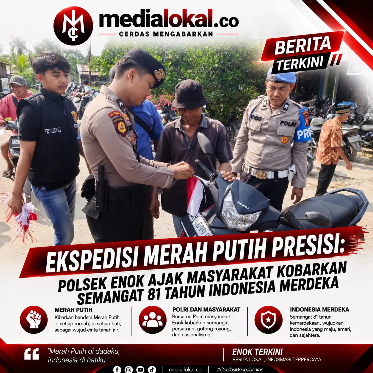 Sambut HUT ke-81 RI, Polsek Enok Gelar Ekspedisi Merah Putih Presisi Bagikan Bendera ke Pengendara