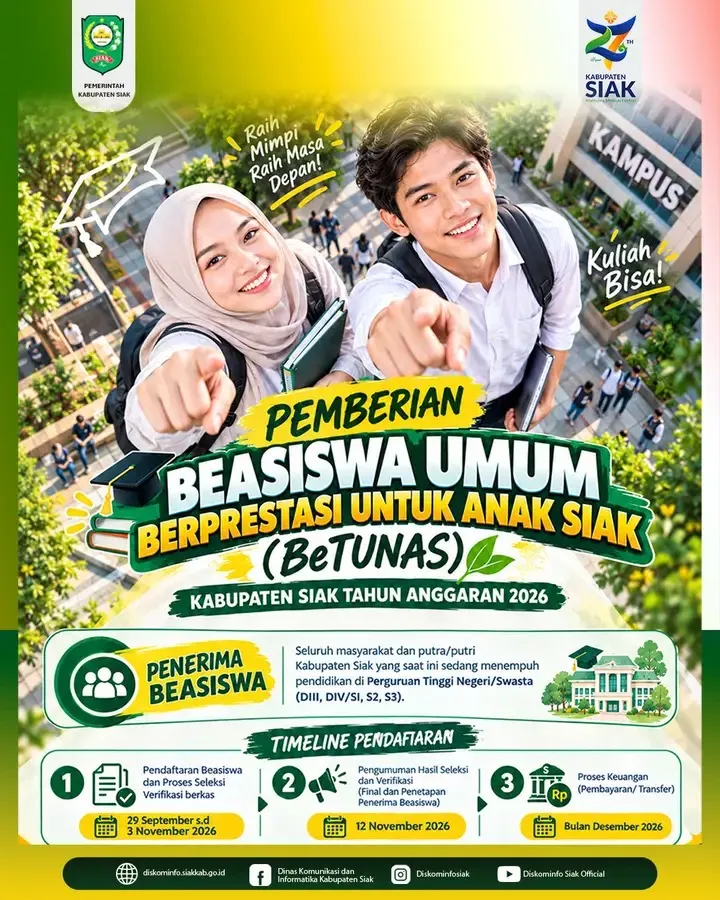 Beasiswa BeTUNAS 2026 Dibuka Pemkab Siak, Sasar Mahasiswa hingga Hafidz dan Hafidzah