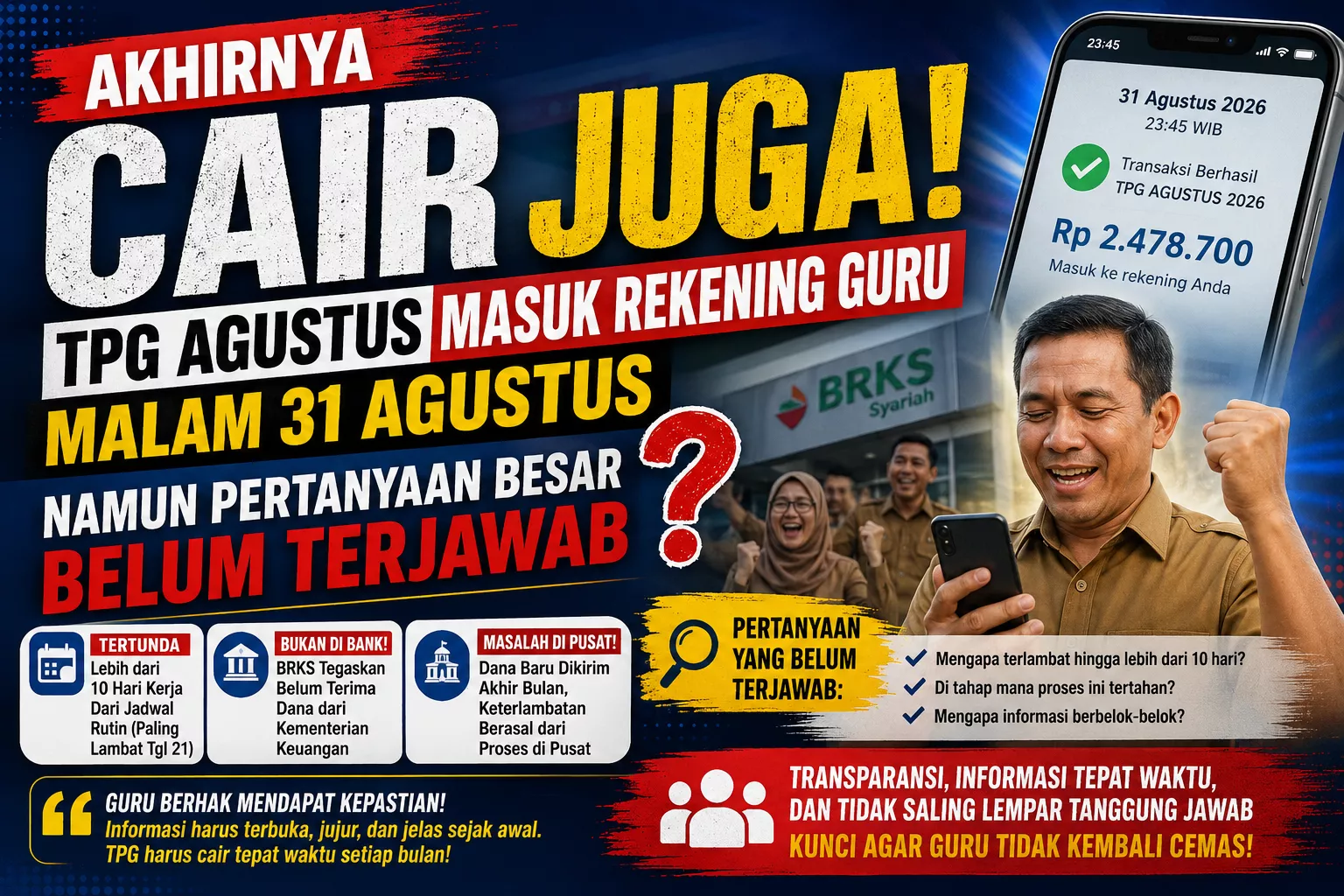 Akhirnya Cair Juga! TPG Agustus Masuk Rekening Guru Malam 31 Agustus 2026
