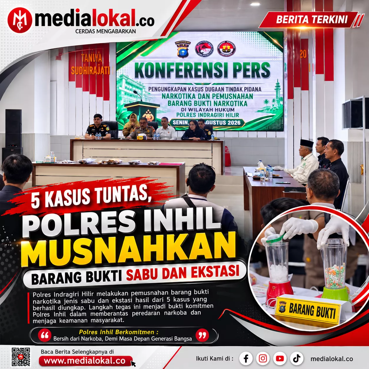 Polres Inhil Musnahkan 291 Gram Sabu dan 5.707 Butir Ekstasi Hasil 5 Kasus Narkoba