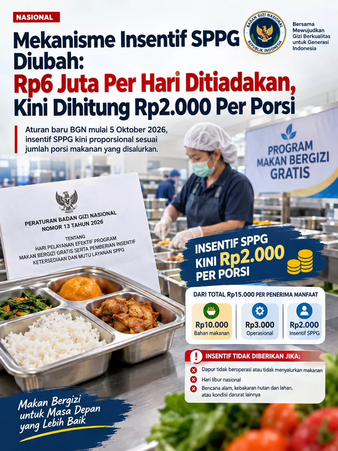 Mekanisme Insentif SPPG Diubah: Rp6 Juta Per Hari Ditiadakan, Kini Dihitung Rp2.000 Per Porsi