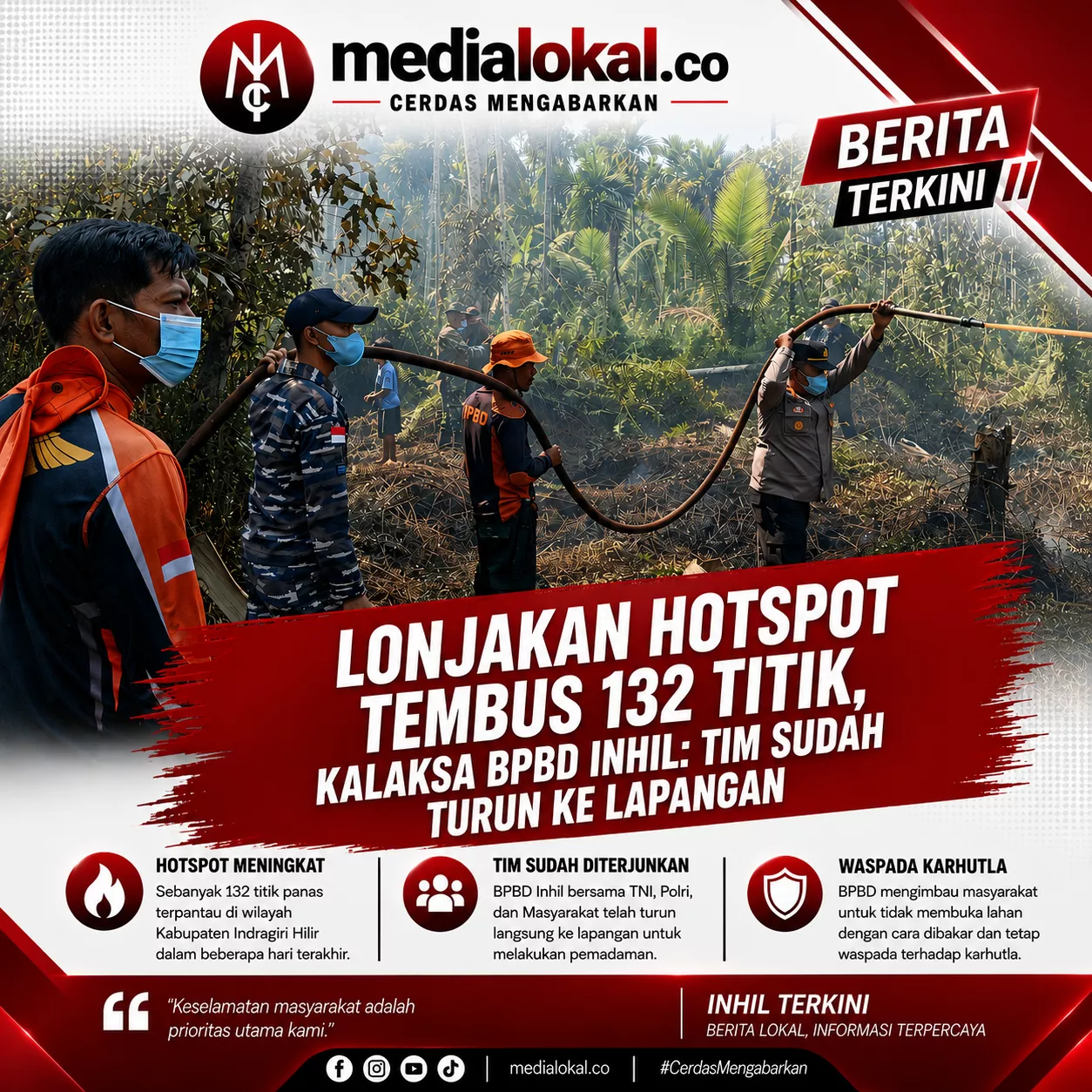 132 Titik Hotspot di Inhil, BPBD Kerahkan Tim ke Pulau Kecil Reteh, Karya Tani Kempas, dan Simpang Gaung
