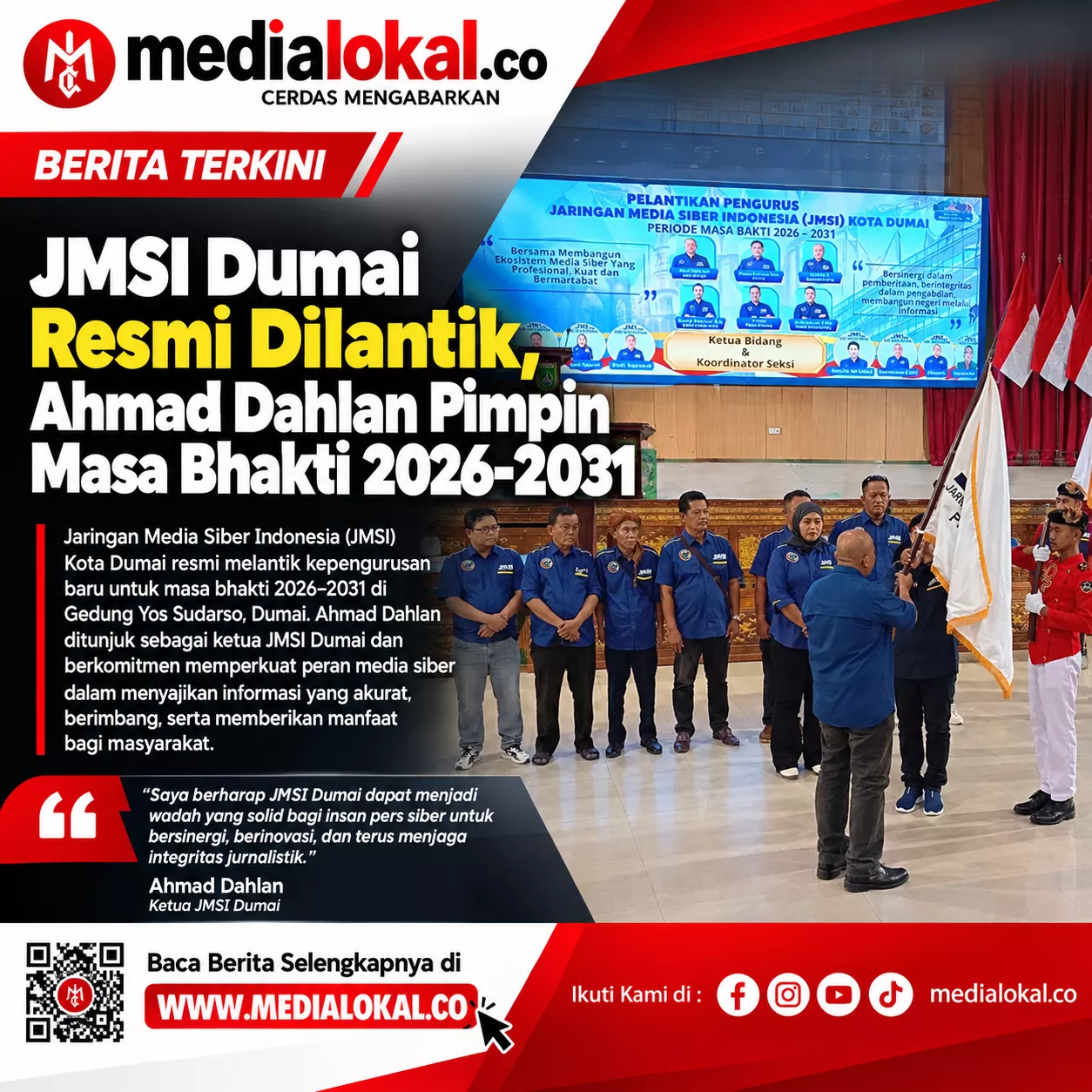 Dheni Kurnia Lantik Pengurus JMSI Dumai, Syafriadi Minta Tingkatkan Kualitas Wartawan