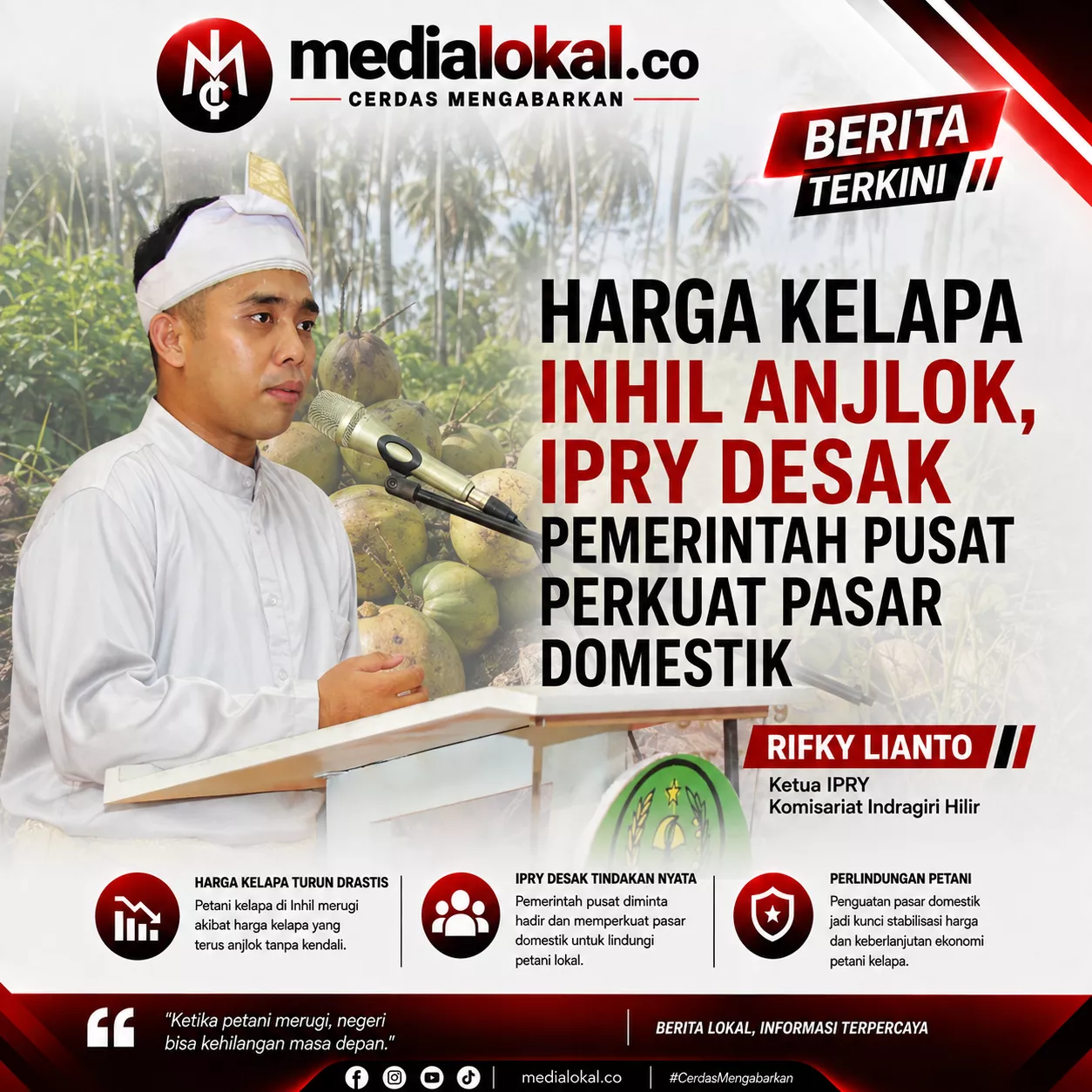 Harga Kelapa Inhil Anjlok, IPRY Desak Pusat Perkuat Pasar Domestik
