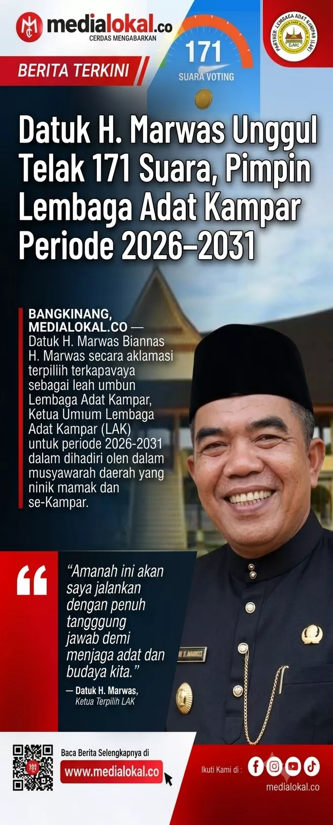 Datuk H. Marwas Unggul Telak 171 Suara, Pimpin Lembaga Adat Kampar Periode 2026–2031