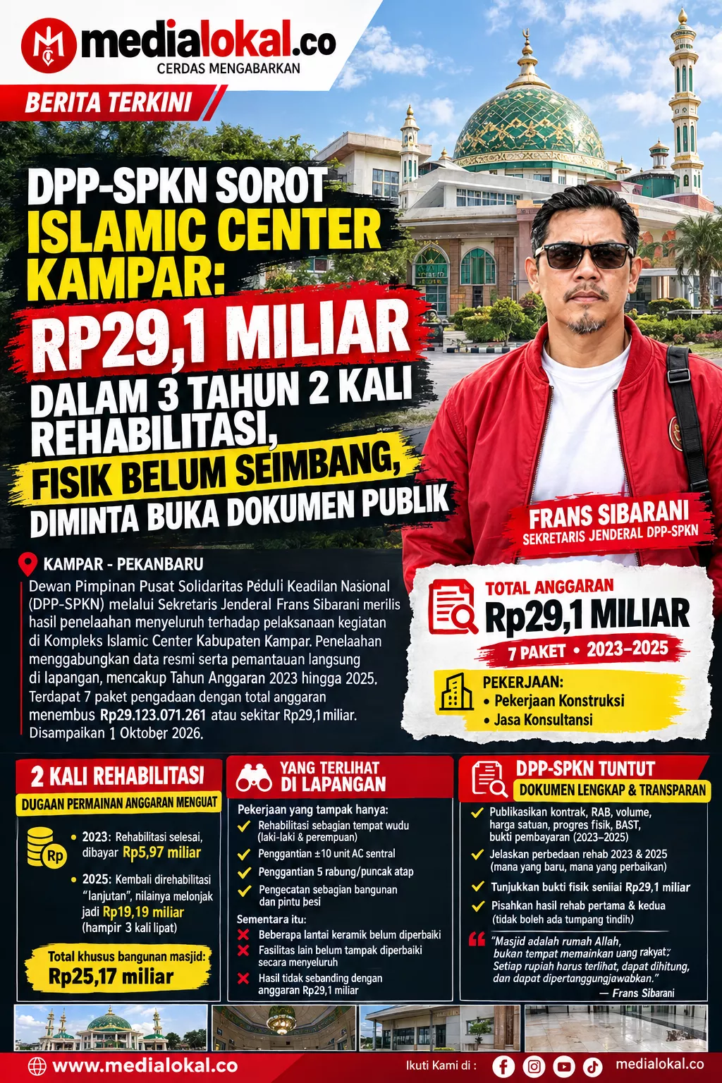 Islamic Center Kampar Dibiayai Rp29,1 Miliar Tiga Tahun, Dua Kali Rehabilitasi, Fisik Tak Seimbang  DPP SPKN Minta Buka Dokumen