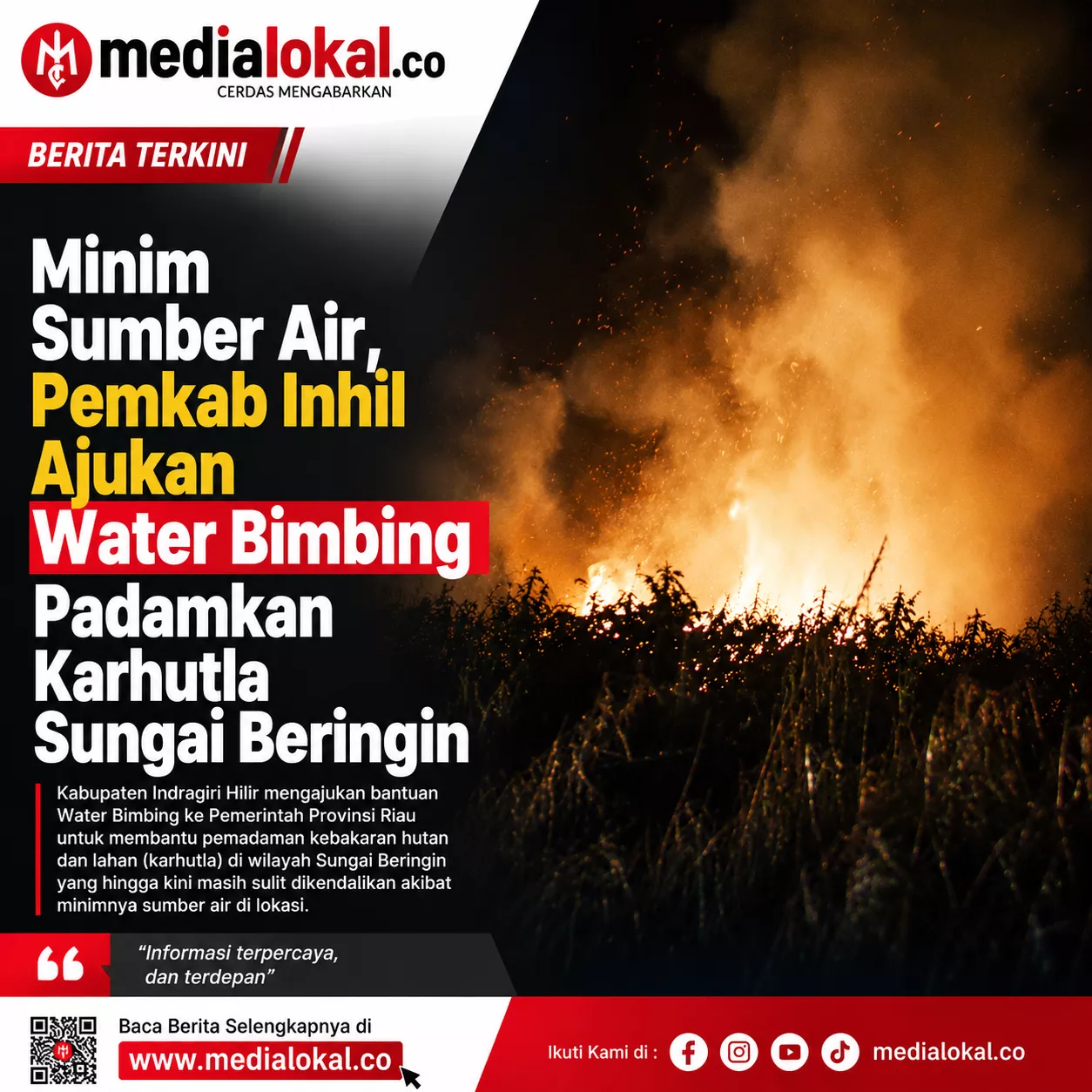 Masuk Hari Kedua, Api di Sungai Beringin Belum Padam dan Asap Pekat Selimuti Tembilahan