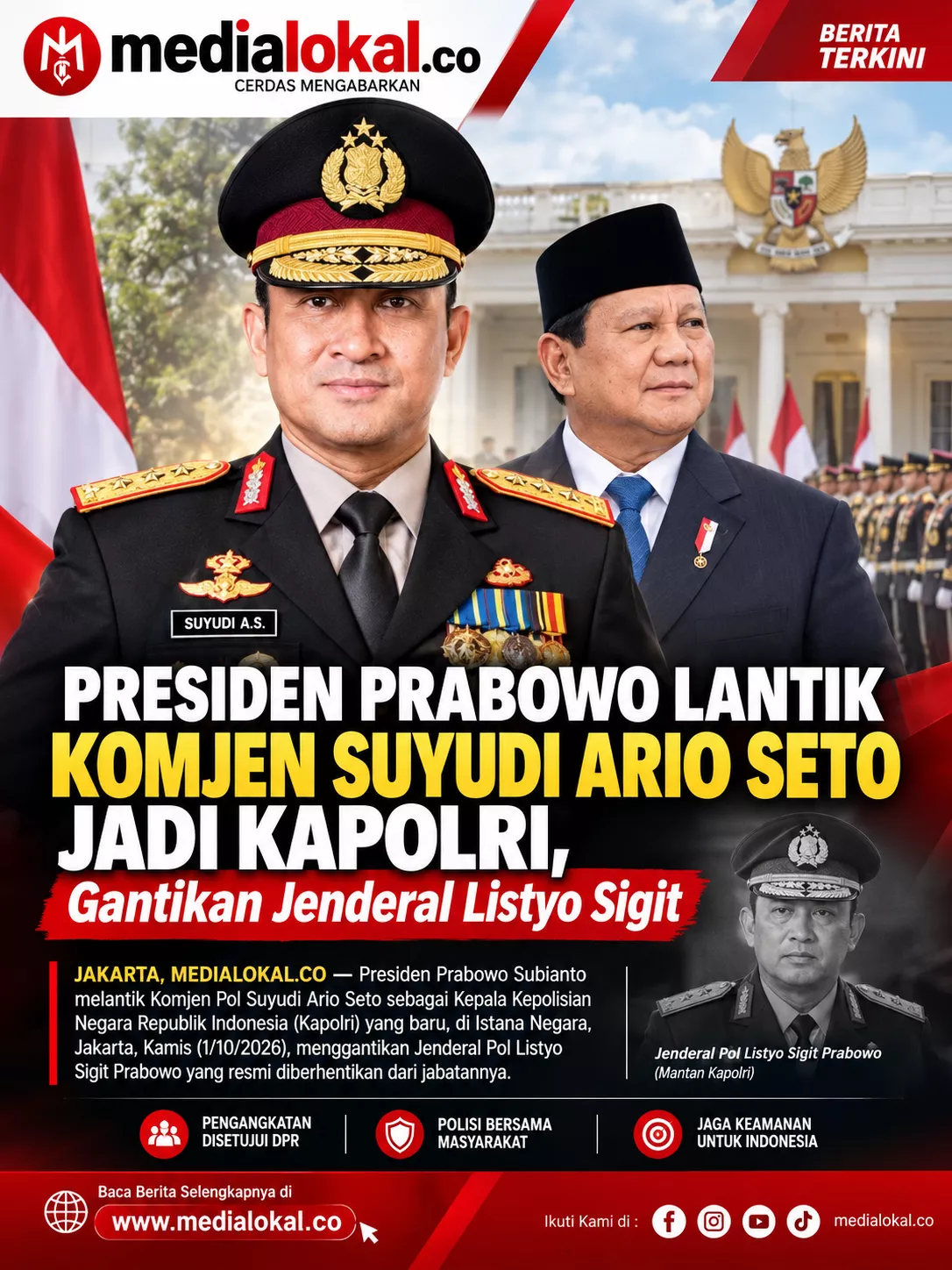 Presiden Prabowo Lantik Komjen Suyudi Ario Seto Jadi Kapolri, Gantikan Jenderal Listyo Sigit