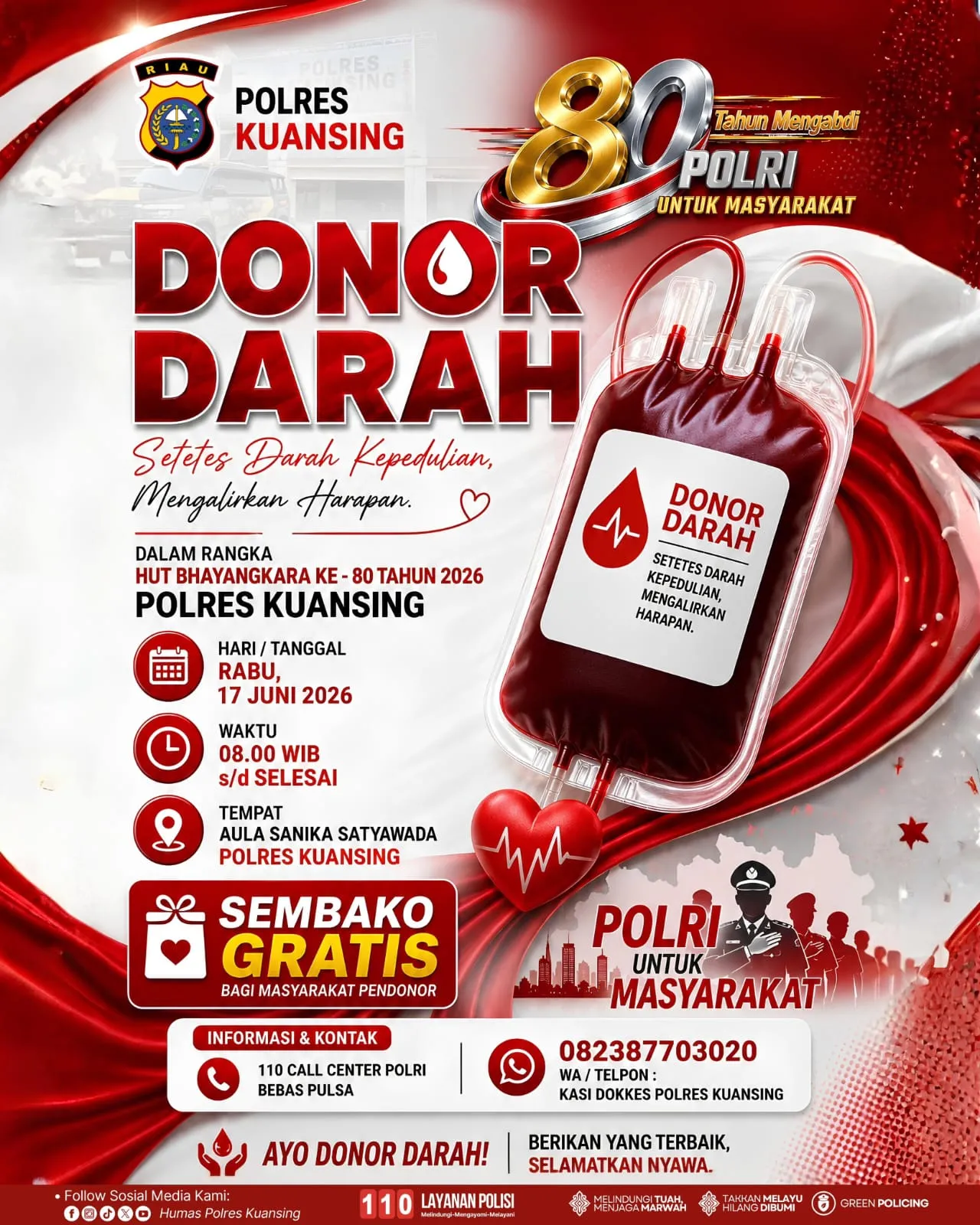 Dalam Rangka HUT Bhayangkara ke-80, Polres Kuansing Ajak Masyarakat Ikut Donor Darah