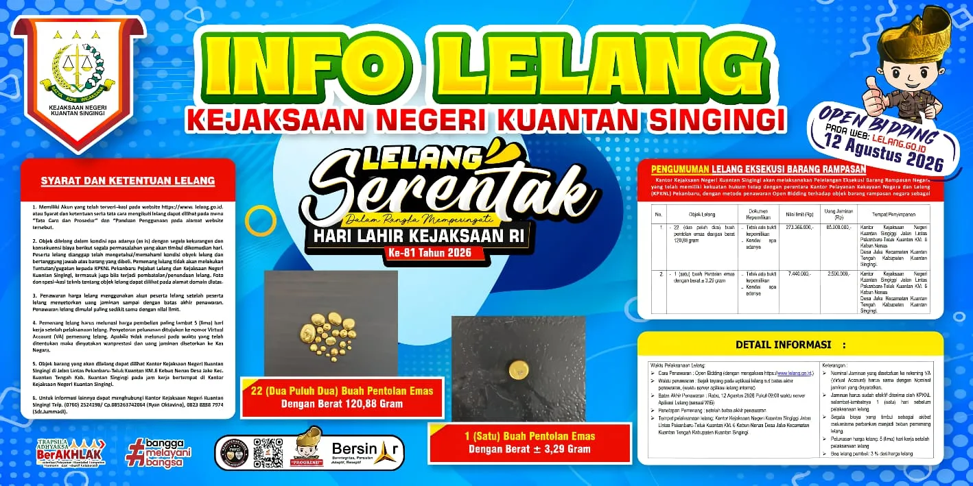 Kejari Kuansing Gelar Lelang Serentak Barang Rampasan Negara, Tawarkan Emas Senilai Rp280 Juta Lebih