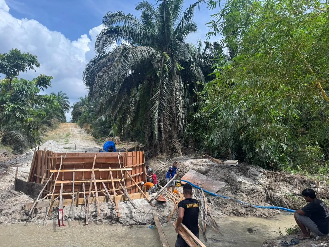 Memasuki Hari Ke-21 Jembatan Merah Putih Presisi  Desa Sungai Kuning Singingi capai 50 Persen