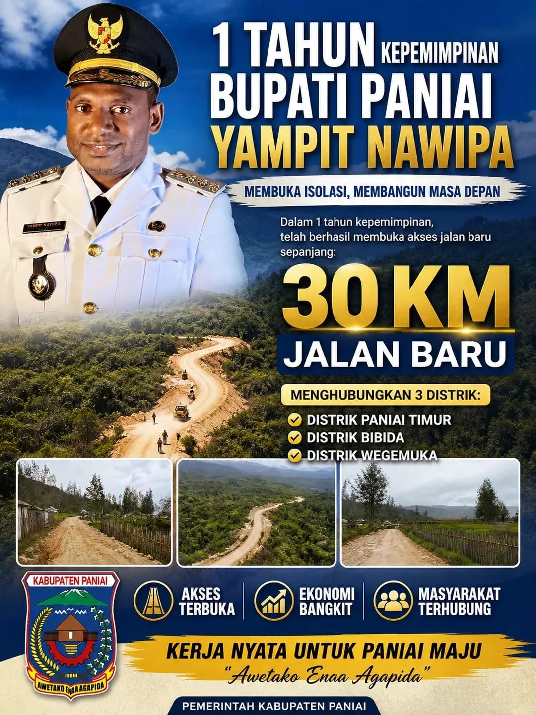 Satu Tahun Pimpin Paniai, Bupati Yampit Nawipa Buka Isolasi 30 Km Jalan Baru
