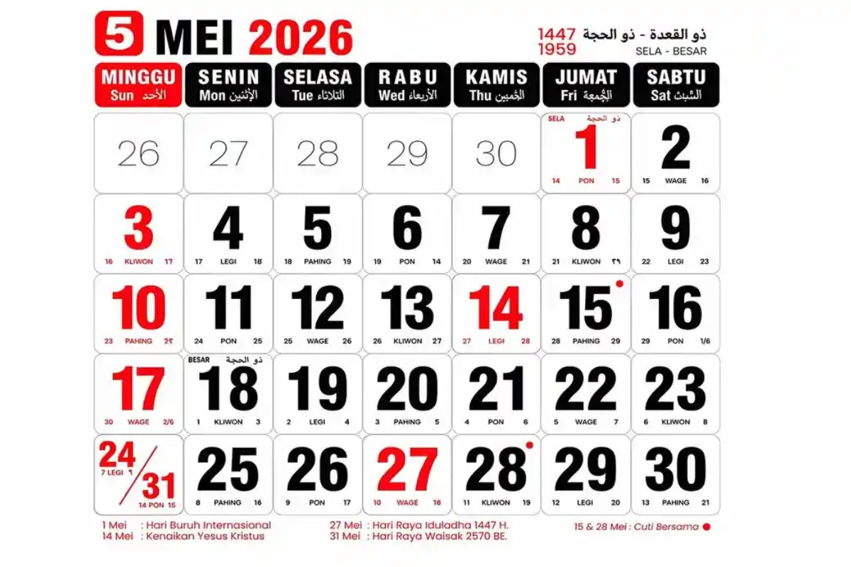 Jadwal Libur Mei 2026: 15 Mei Cuti Bersama Kenaikan Yesus Kristus