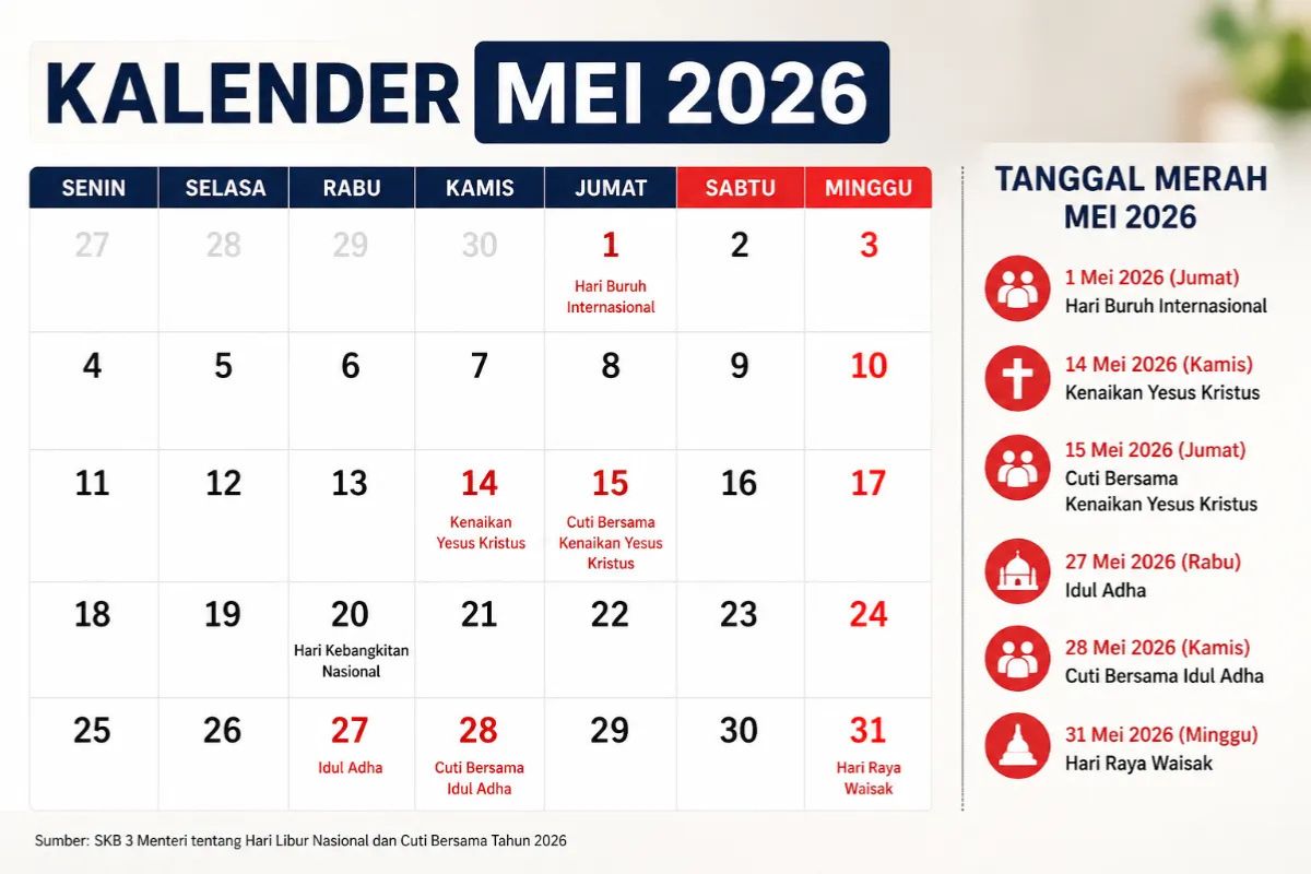 Daftar Tanggal Merah Mei 2026 dan Cuti Bersama Kenaikan Yesus Kristus