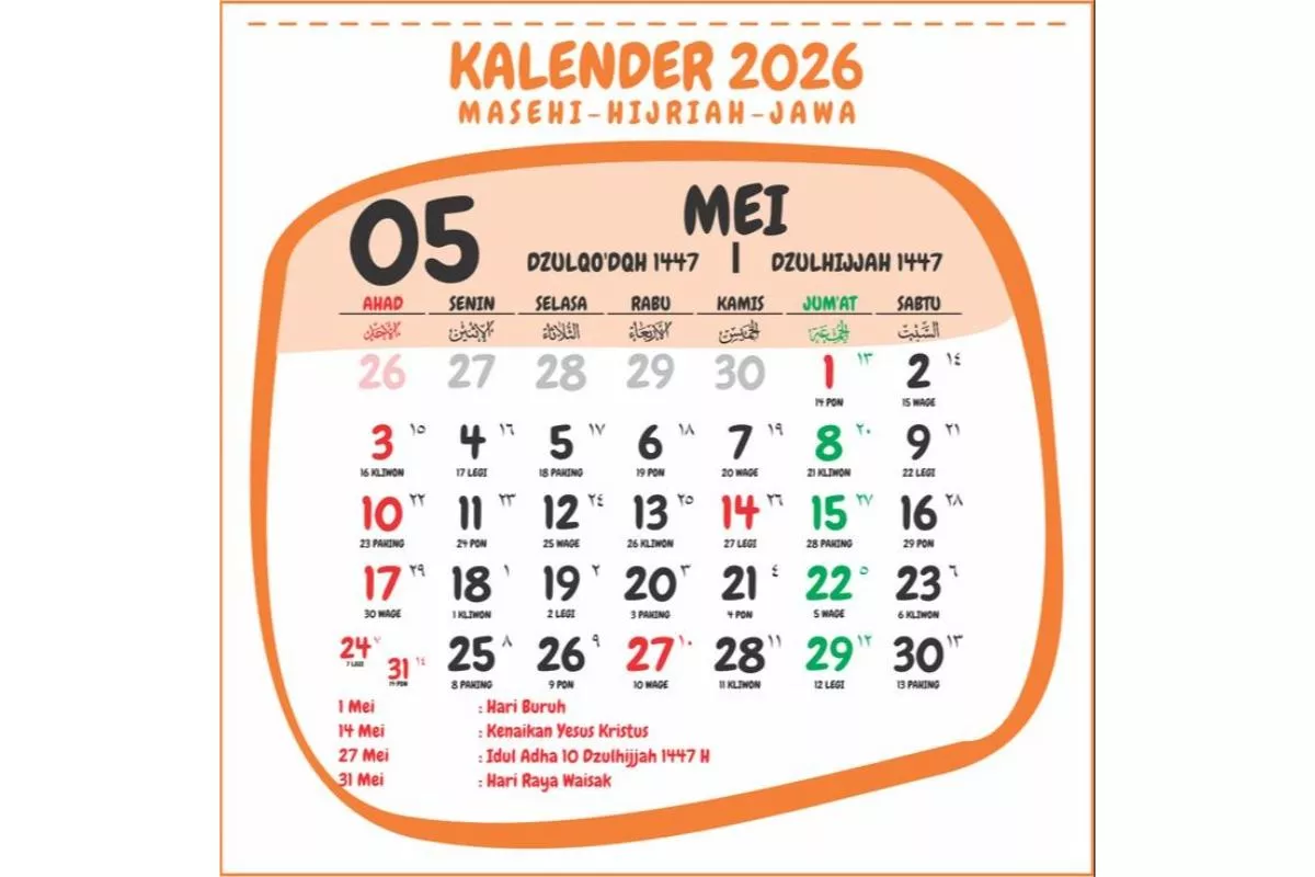 Kalender Mei 2026: Cek Jadwal Libur Panjang di Awal Bulan