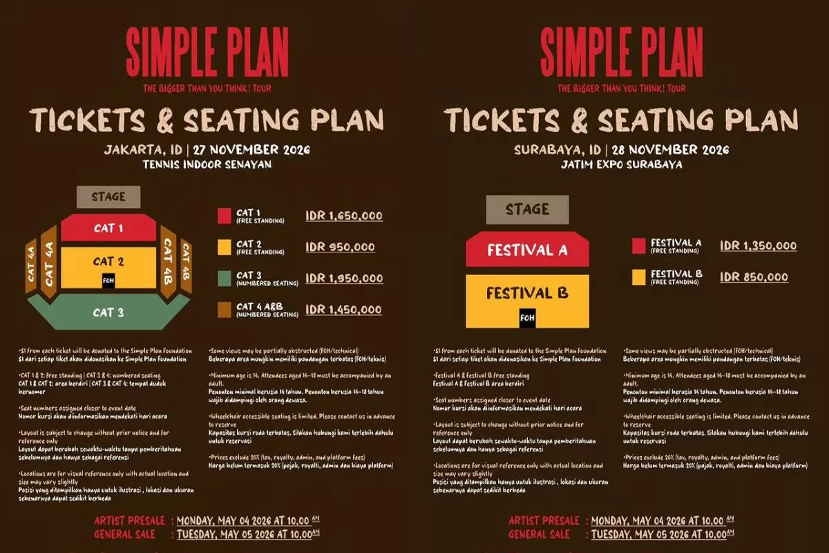 Presale Tiket Konser Simple Plan 2026 Dibuka Hari Ini, Cek Linknya