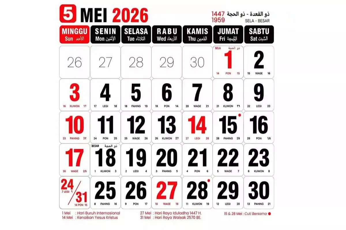 Kalender Mei 2026: Cek 10 Tanggal Merah dan Jadwal Libur Panjang