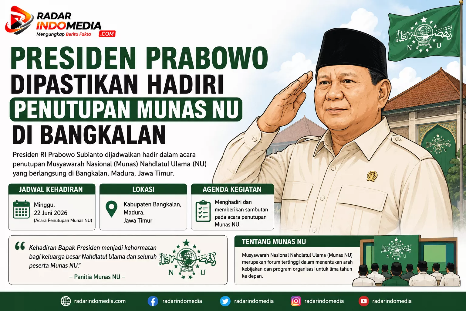 Prabowo Dipastikan Hadiri Penutupan Munas-Konbes NU di Bangkalan