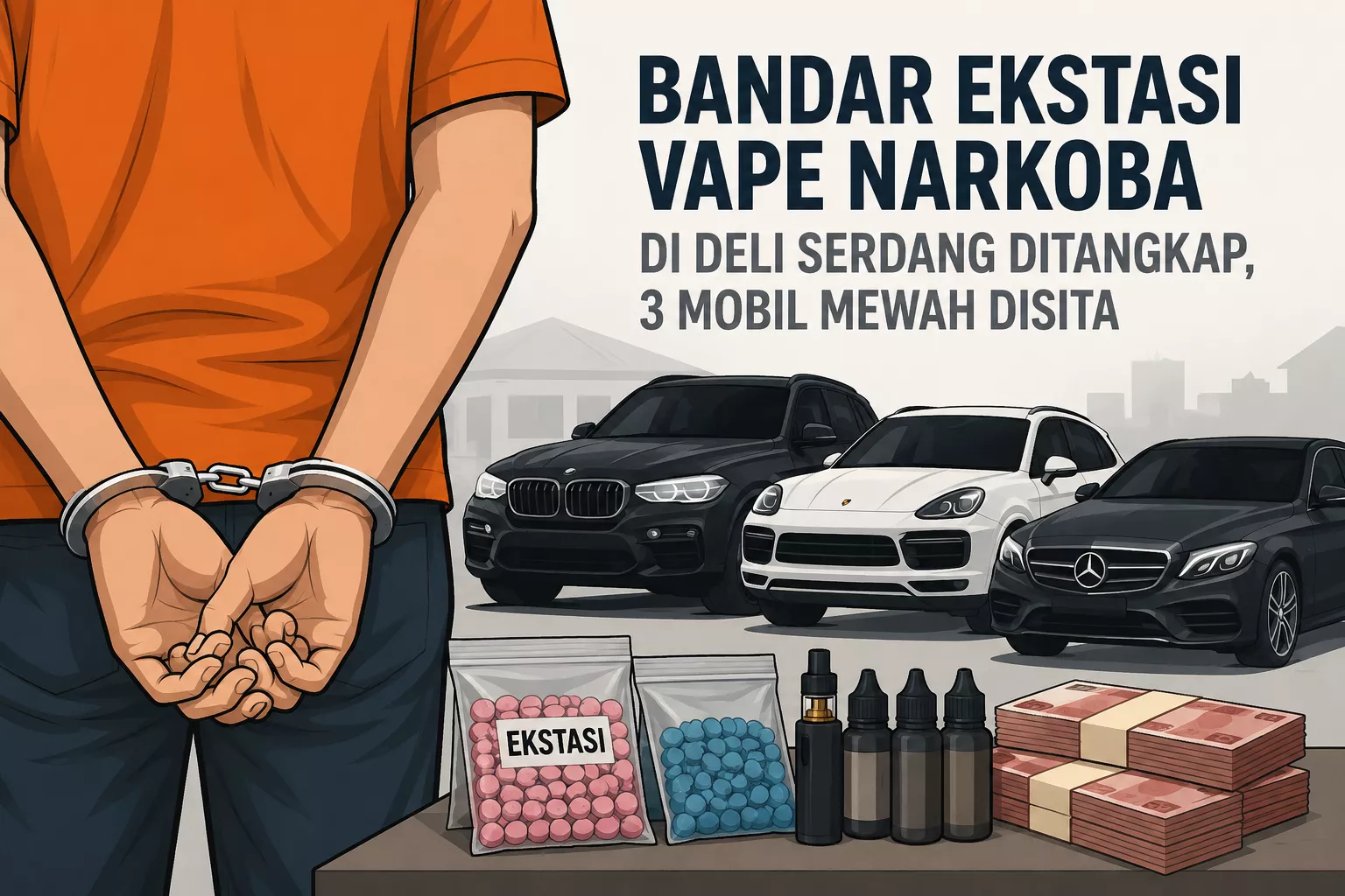 Gudang Ekstasi dan Vape Narkoba Digerebek, 3 Mobil Mewah Bandar Deli Serdang Ikut Disita