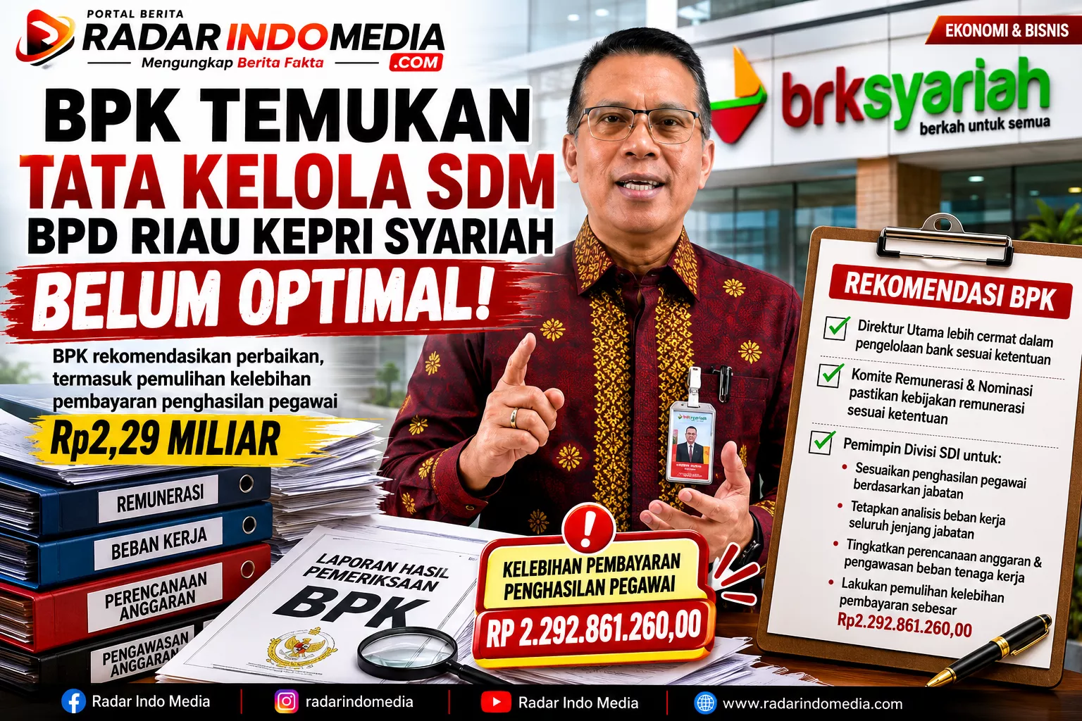 BPK Temukan Tata Kelola SDM PT BPD Riau Kepri Syariah Belum Optimal, Kelebihan Pembayaran Pegawai Capai Rp2,29 Miliar