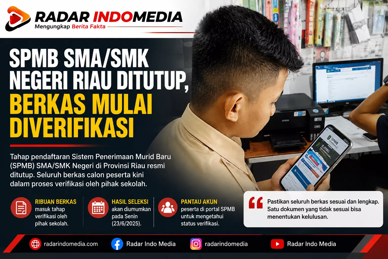 SPMB SMA/SMK Negeri Riau Ditutup, Ribuan Berkas Masuk Tahap Verifikasi