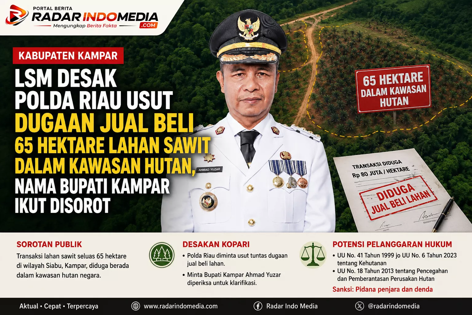 LSM Desak Polda Riau Usut Dugaan Jual Beli 65 Hektare Lahan Sawit dalam Kawasan Hutan, Nama Bupati Kampar Ikut Disorot