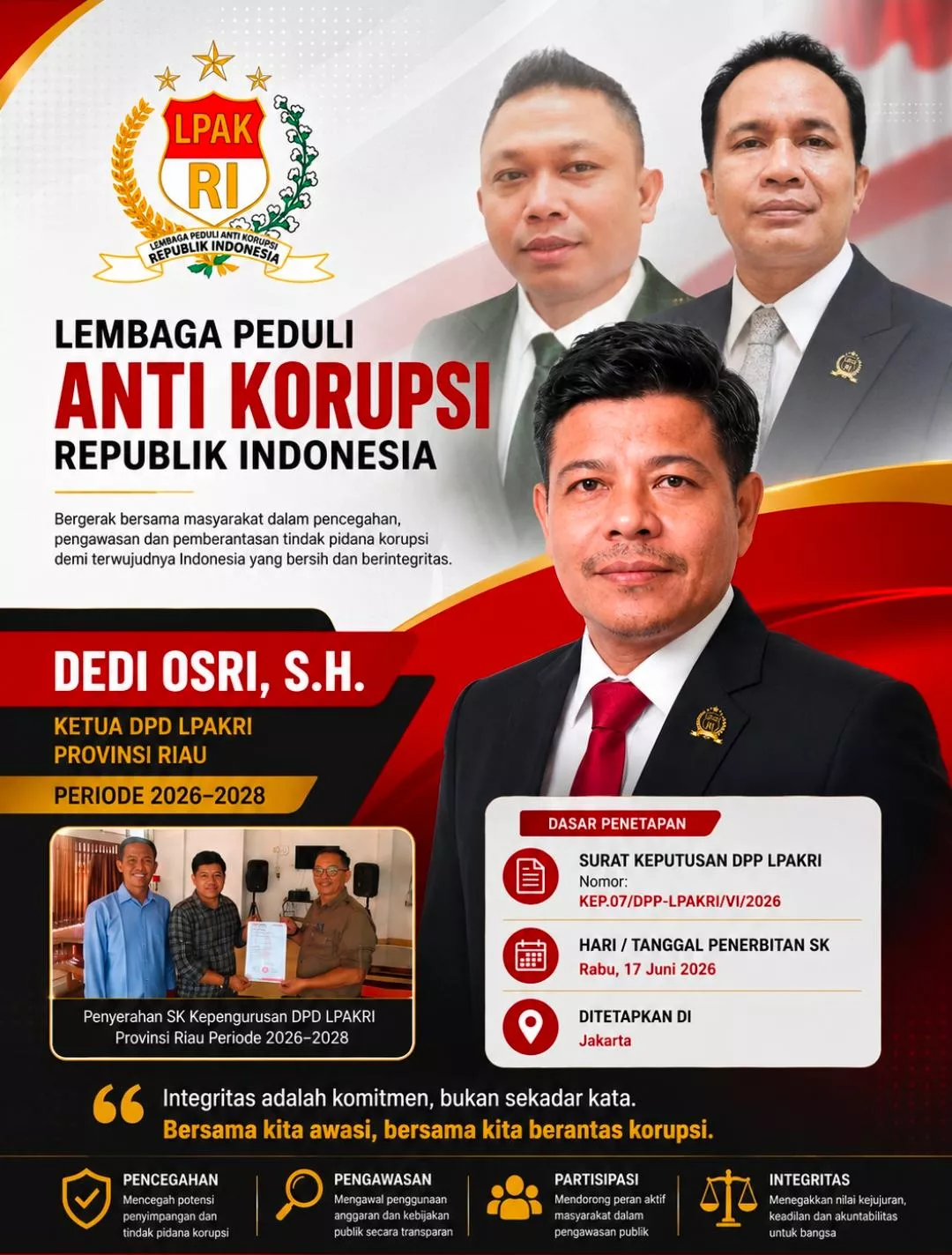 Dedi Osri, SH Resmi Pimpin LPAKRI Riau Periode 2026–2028