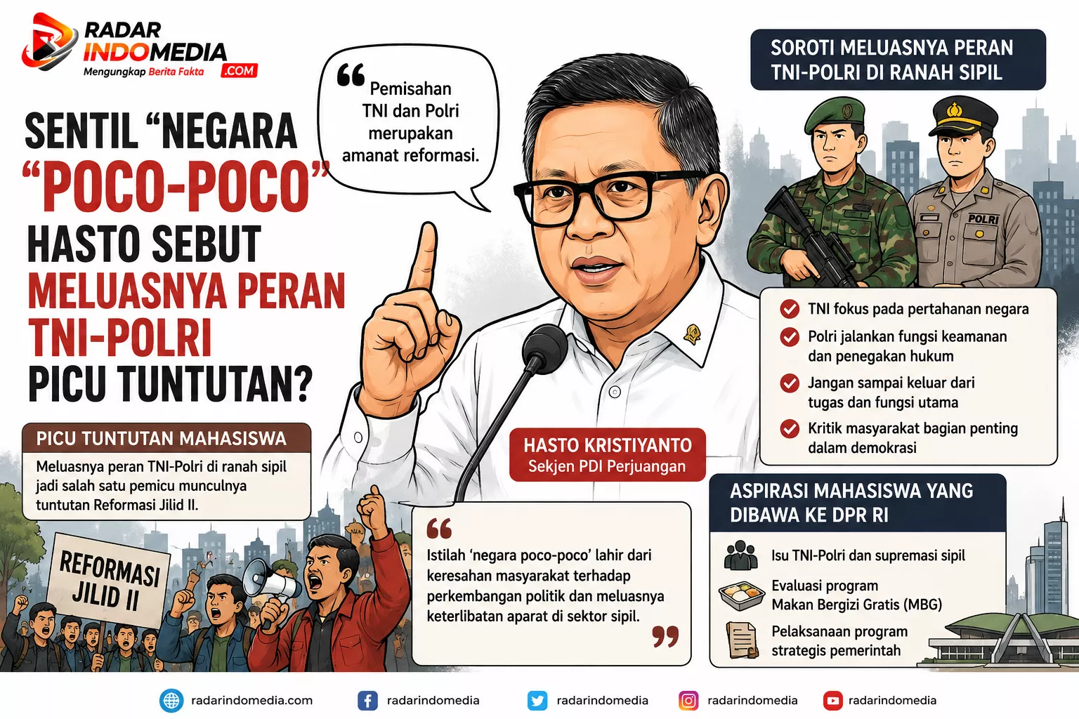 Hasto Sentil “Negara Poco-Poco”, Soroti Meluasnya Peran TNI-Polri