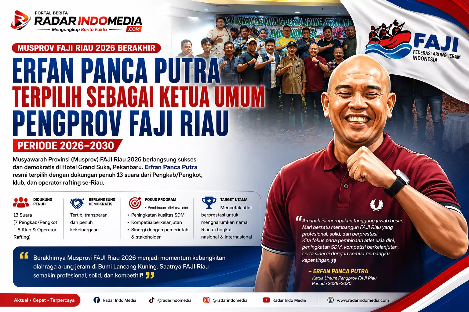Musprov FAJI Riau 2026 Berakhir, Erfan Panca Putra Terpilih sebagai Ketua Umum Pengprov FAJI Riau Periode 2026–2030