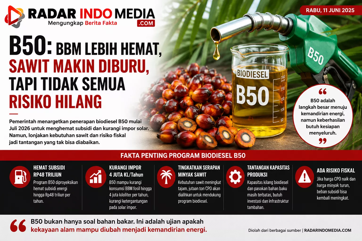 B50: BBM Lebih Hemat, Sawit Makin Diburu, Tapi Tidak Semua Risiko Hilang