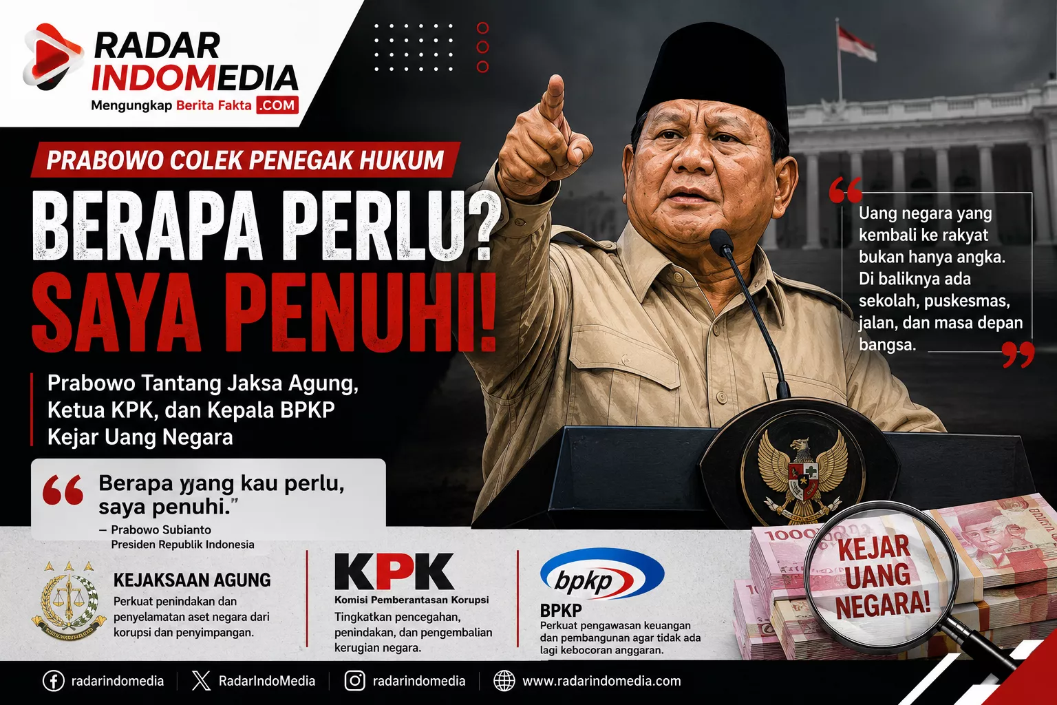 BERAPA PERLU? SAYA PENUHI!  Prabowo Tantang KPK, Kejagung, dan BPKP Kejar Uang Negara