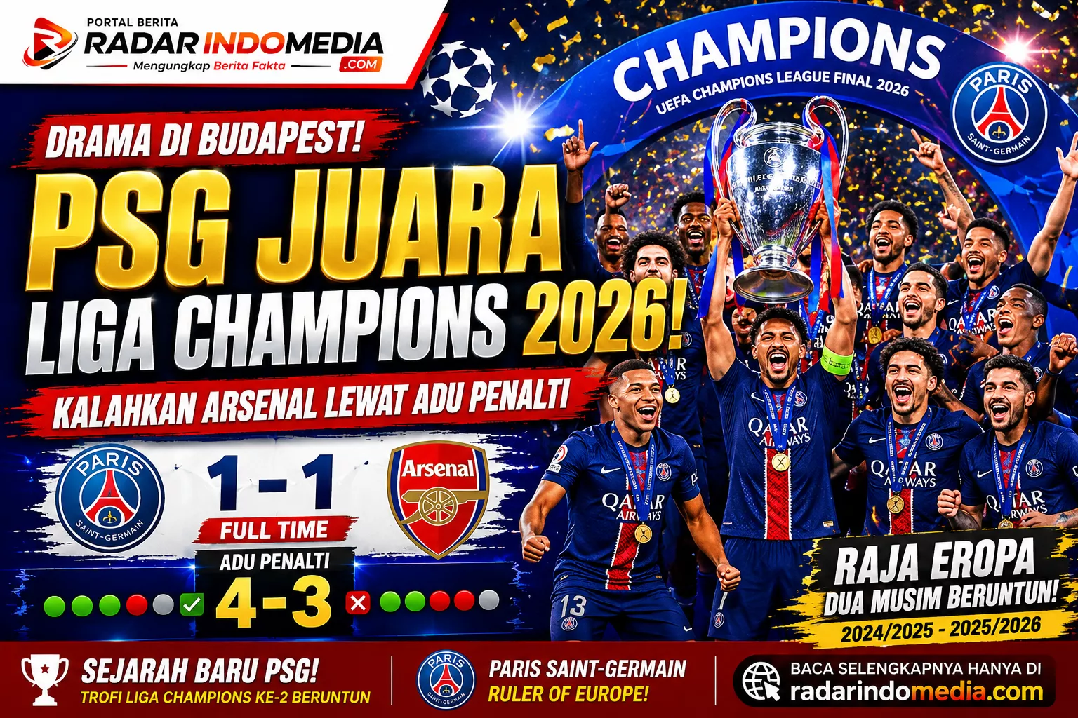 DRAMA DI BUDAPEST!  PSG JUARA LIGA CHAMPIONS 2026, ARSENAL TERSUNGKUR LEWAT ADU PENALTI
