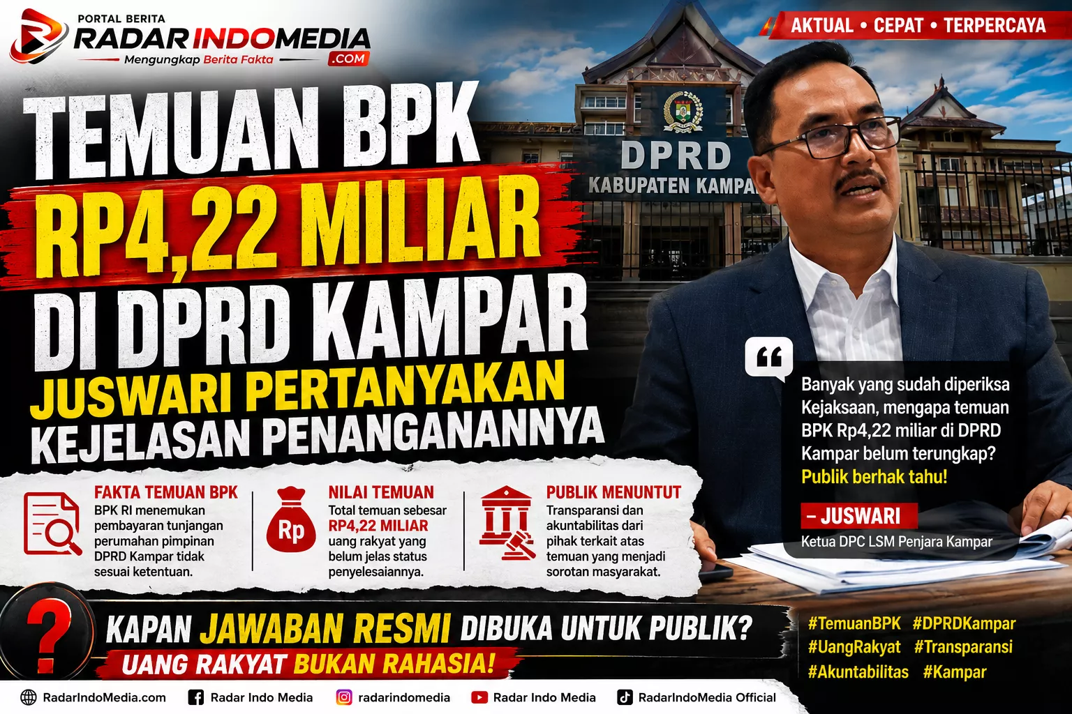 TEMUAN BPK Rp4,22 MILIAR DI DPRD KAMPAR JADI SOROTAN, JUSWARI PERTANYAKAN PROGRES PENANGANANNYA