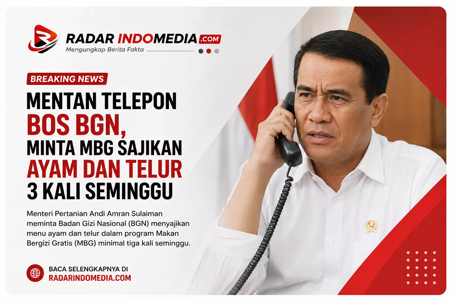 Mentan Telepon Bos BGN, Minta Program MBG Sajikan Ayam dan Telur Tiga Kali Seminggu