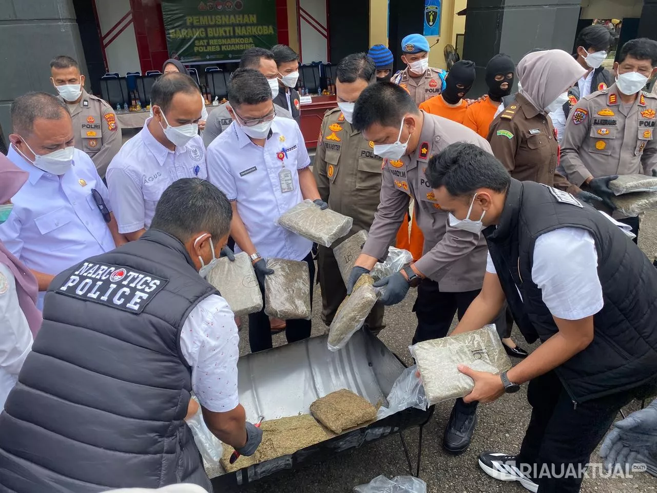 Polres Kuansing Musnahkan 34,31 Gram Sabu dan 21,5 Kg Ganja