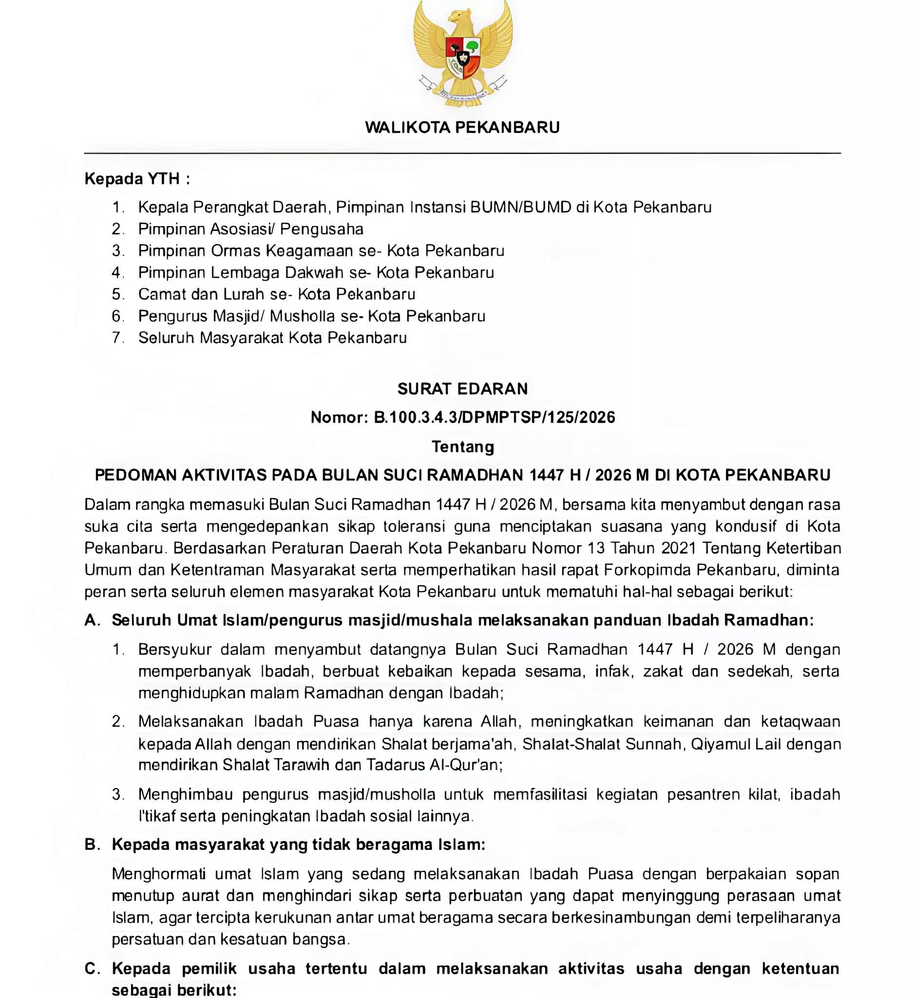 Pemko Pekanbaru Terbitkan SE Pedoman Aktivitas Masyarakat Selama Ramadan, Ini Isinya!