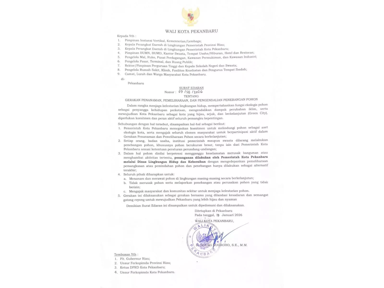 Jaga Kelestarian Lingkungan, Wako Pekanbaru Terbitkan Edaran Larangan Penebangan Pohon 